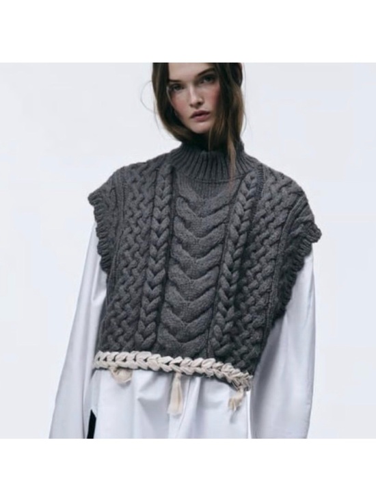 Zara Sweaters - Zara Charcoal Cable Knit Sleeveless Sweater Vest with Cream Braid